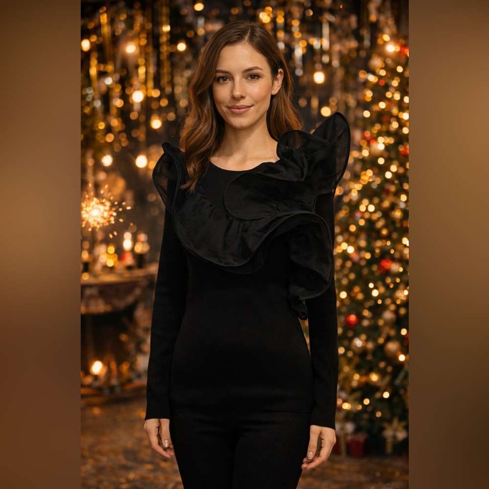 Elegant Black Ruffled Women's Sweater